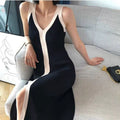Color Block V-Neck Long Knitted Cami Dress
